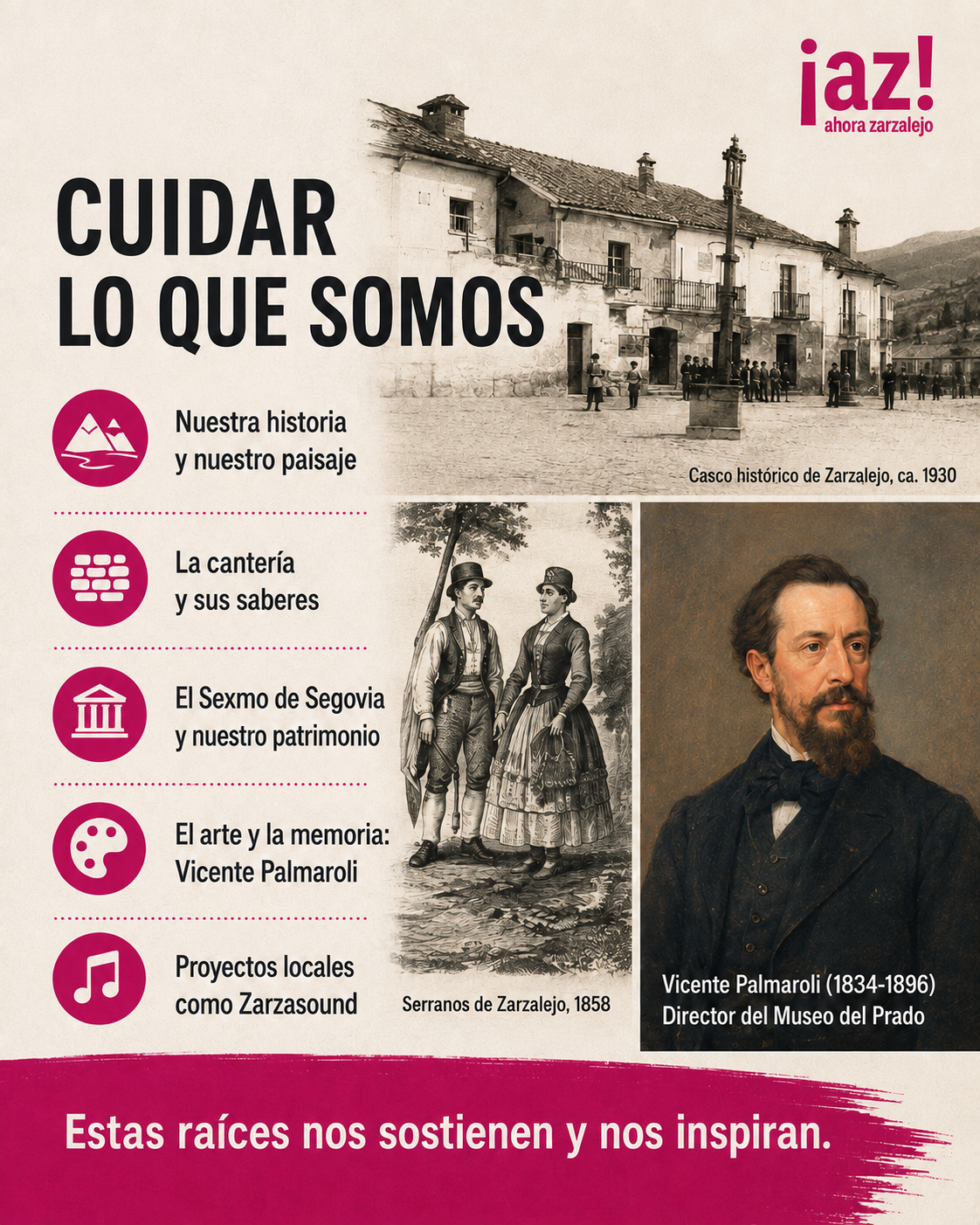Infografía Cuidar lo que somos, sobre historia, cantería, patrimonio, Vicente Palmaroli y proyectos locales de Zarzalejo.