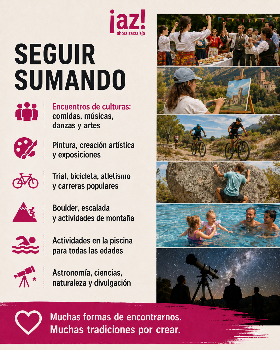 Infografía Seguir sumando, con propuestas culturales, deportivas, artísticas, científicas y comunitarias para las fiestas de Zarzalejo.