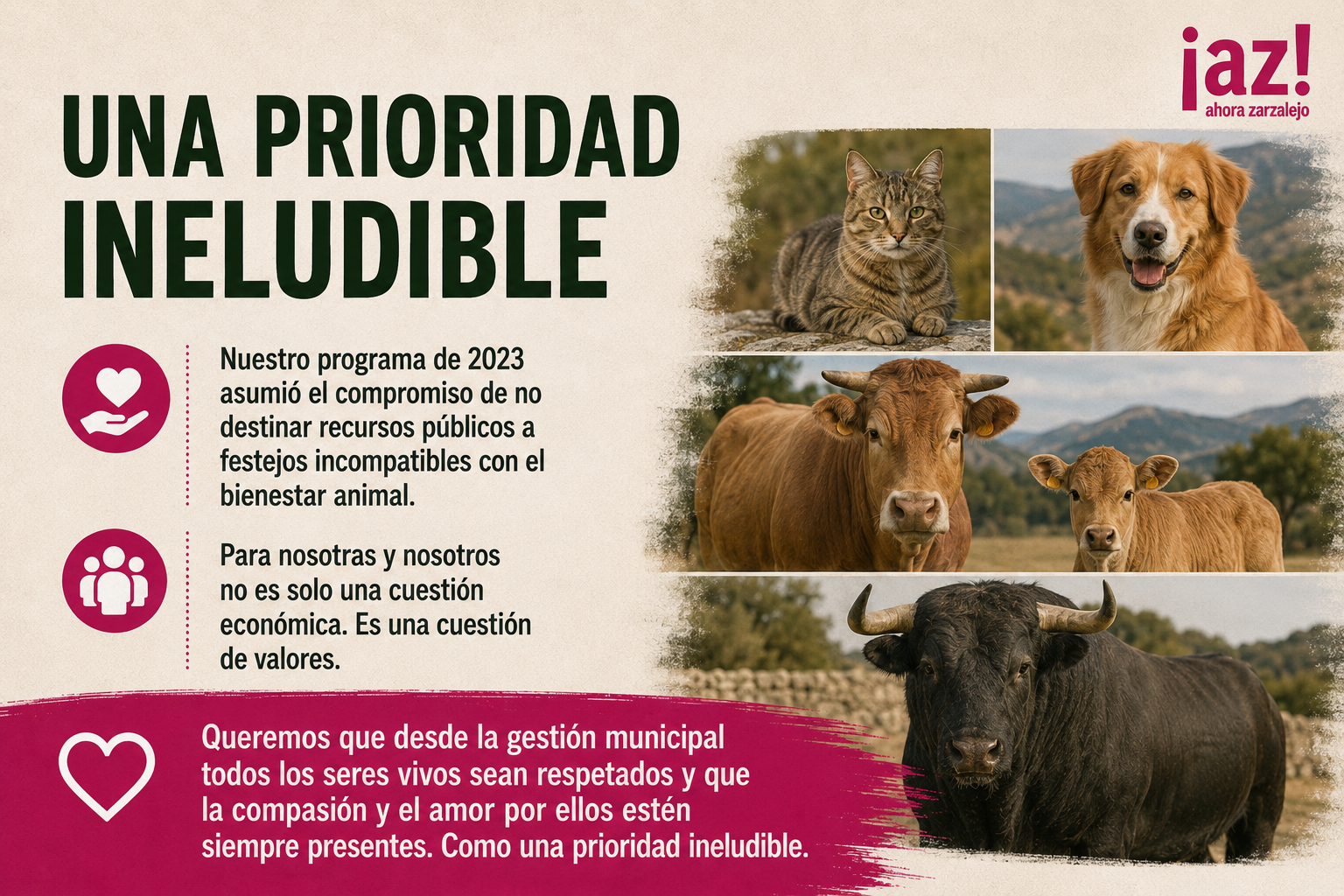 Infografía Una prioridad ineludible, sobre bienestar animal y el compromiso de Ahora Zarzalejo con el respeto a todos los seres vivos.